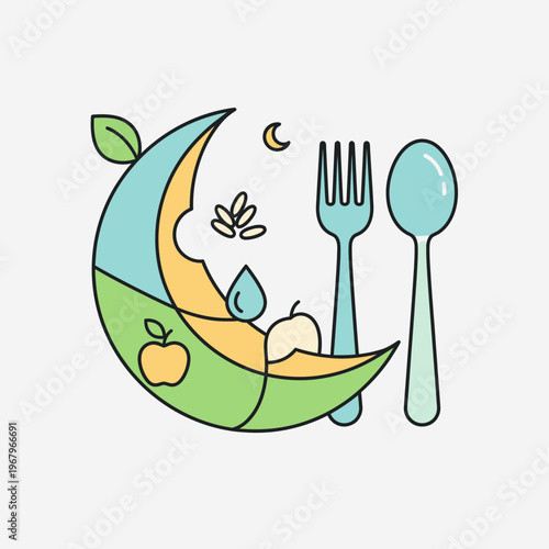 Stylized illustration of a crescent moon with healthy food elements, fork, and spoon, representing nutrition and mindful eating.