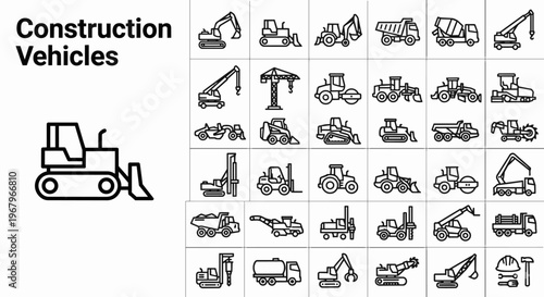 Extensive collection of construction vehicle line icons featuring heavy duty machinery including excavators, bulldozers, cranes, loaders, and various specialized industrial equipment for building, roa