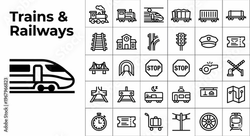 Extensive collection of trains and railways line icons featuring steam locomotives, high-speed bullet trains, freight wagons, railroad tracks, station infrastructure, signaling systems, and essential 