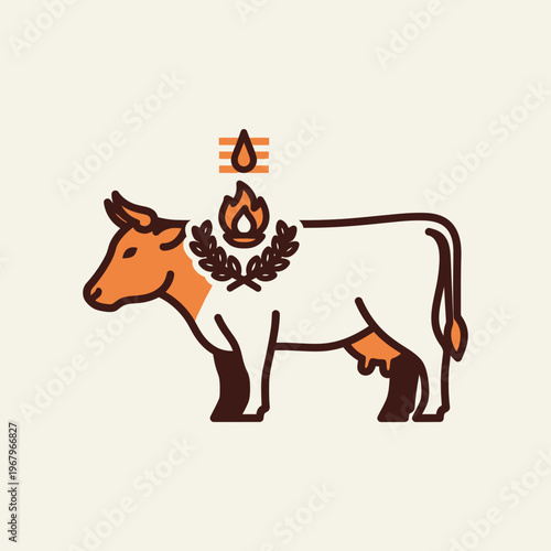 Stylized illustration of a white cow with orange accents, featuring a flame and wreath symbol on its back, topped with a tilaka mark, against a light background.