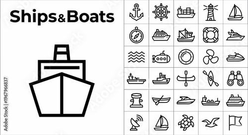 Professional collection of ships and boats line icons featuring various maritime vessels like cargo ships, sailboats, and cruise liners, plus nautical equipment, navigation tools, and sea life symbols