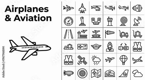 Professional collection of airplanes and aviation line icons featuring commercial jets, fighter planes, helicopters, airport infrastructure, flight instruments, pilot equipment, and air travel logisti