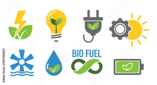 Colorful renewable energy and bio fuel flat icons set for ecological concept designs.