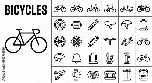 Extensive set of bicycle line icons featuring various bike styles including road, mountain, folding, and cargo bikes, along with essential cycling gear, spare parts, maintenance tools, and outdoor acc