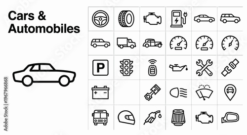 Comprehensive collection of car and automobile line icons featuring various vehicle types, engine components, maintenance tools, dashboard symbols, and transportation elements for automotive design pr