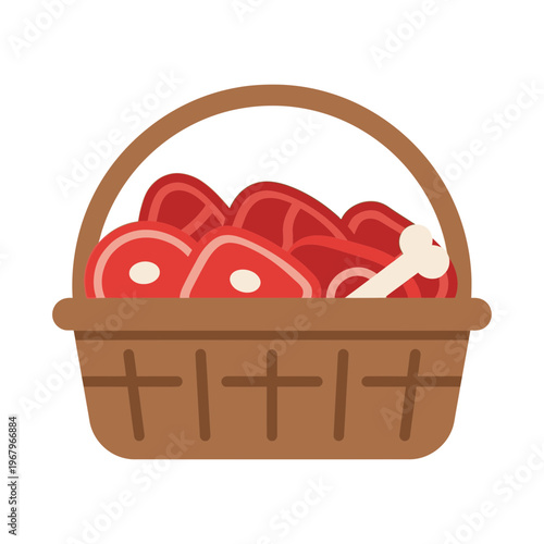 A brown woven basket filled with various cuts of fresh raw red meat, including pieces with bone.