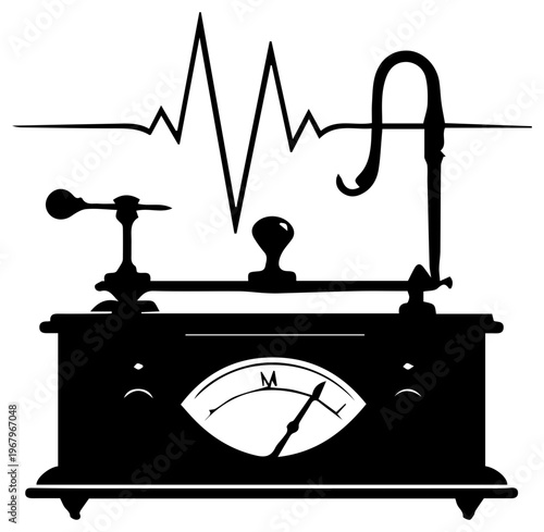 Stylized vintage pocket barograph with ecg recording chart and weather instruments on top black silhouette on white background