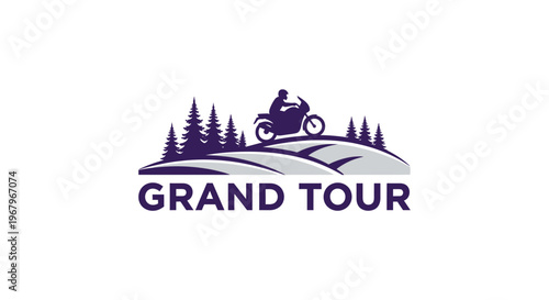 Motorcycle Adventure Logo - Grand Tour on Mountainous Terrain with Trees.