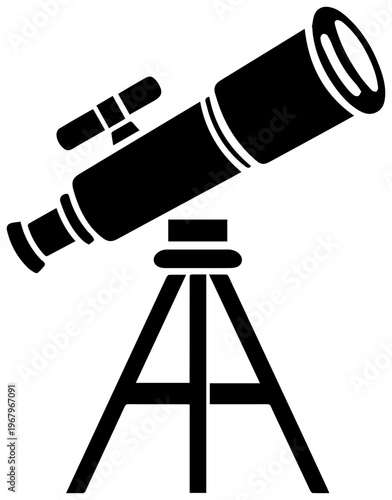Telescope in extended position on tripod stand cylindrical shape black silhouette white background astronomy tool stargazing equipment science and technology