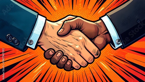 Comic style illustration design of two diverse hands shaking in agreement, symbolizing partnership