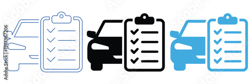Car maintenance vector icon set, vehicles with checklists for efficient car maintenance and inspection, vehicle maintenance report, car service list symbol