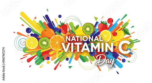 Colorful illustration design for National Vitamin C Day with various citrus fruits and abstract splashes on a white background.