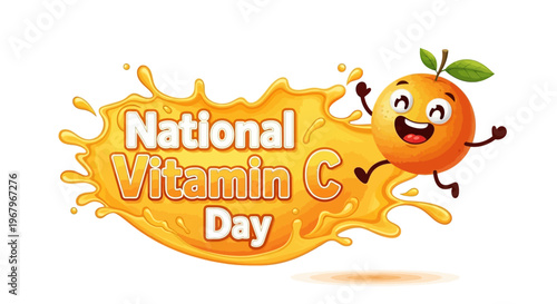 Illustration of a cheerful orange character celebrating National Vitamin C Day with a splash of juice on a clean white background.