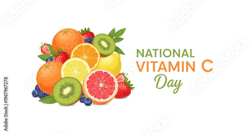 Illustration of assorted fresh fruits including oranges, lemons, kiwis, and berries, celebrating National Vitamin C Day with a colorful and vibrant design on a clean white background.