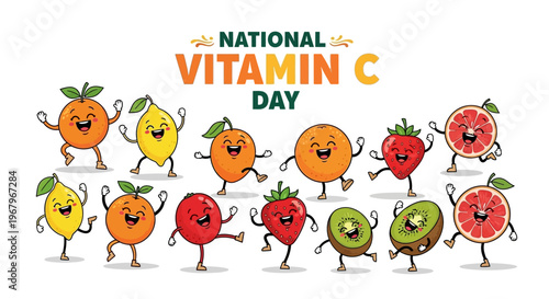 Illustration of cartoon fruits celebrating National Vitamin C Day with a colorful and playful design on a white background.