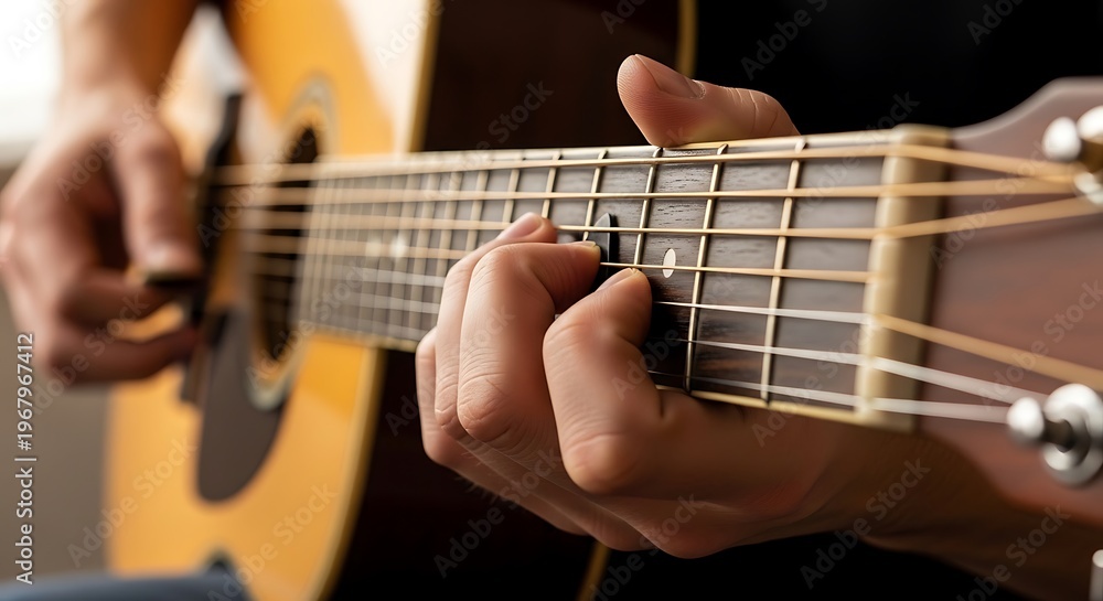 Obraz premium Close-up image of a person playing an acoustic guitar's fretboard