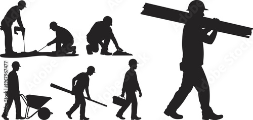 Silhouette collection of construction workers performing tasks carrying materials and tools representing labor industry isolated vector illustration concept set