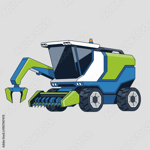 Modern stylized agricultural combine harvester machine with robotic arm and claw.