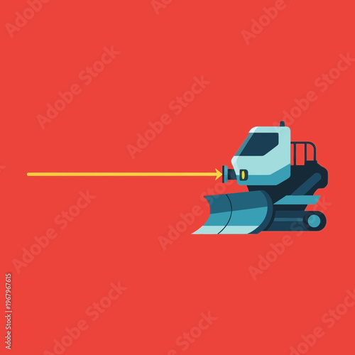 A stylized snowplow or bulldozer with a laser beam extending from its front on a red background.