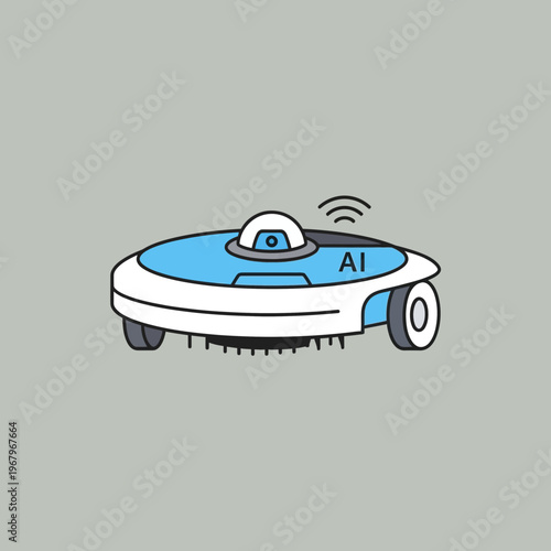 A cartoon illustration of a blue and white robotic cleaner with AI capabilities and wireless connectivity on a grey background.
