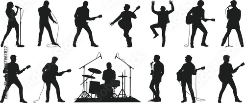 Silhouette collection of musicians performing on stage with instruments singing dancing isolated vector illustration for music band concert concept