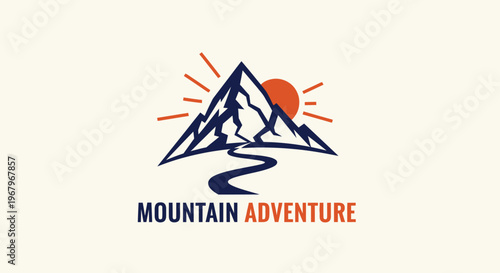 Mountain Adventure Logo - Majestic Peaks, Sun, and Winding Path, Inspiring Exploration and Travel.