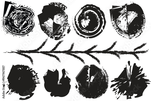 Intriguing collection of black and white inkblot tests with a branch evoking psychological analysis and rorschach testing