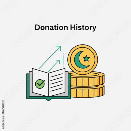 Illustration of donation history with a book, checkmark, and Islamic coins, symbolizing charitable giving and financial records.