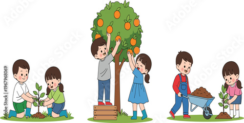 Children Gardening and Harvesting Vector Illustration Set Featuring Kids Planting Trees Watering Plants and Picking Fruits in Outdoor Nature Activities
