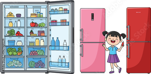 Refrigerator Appliance Vector Illustration Set Featuring Open Fridge with Fresh Food and Colorful Kitchen Fridges with Happy Child Character Design