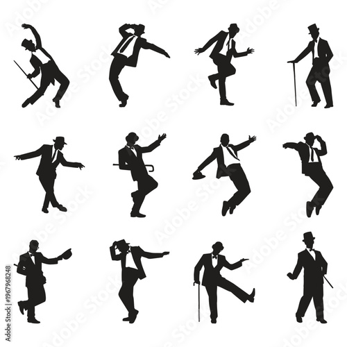Elegant Black Silhouettes of Men in Classic Suits and Hats Dancing and Posing