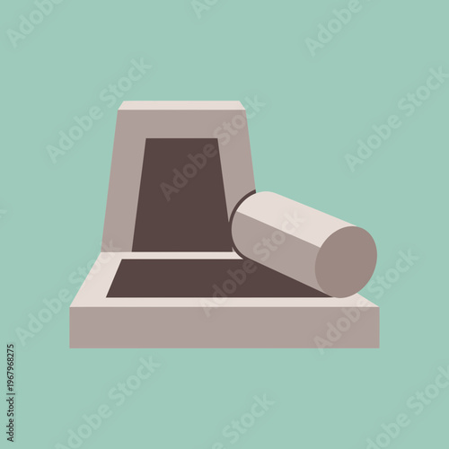 Flat design illustration of a light grey mortar and pestle on a teal background, used for grinding.