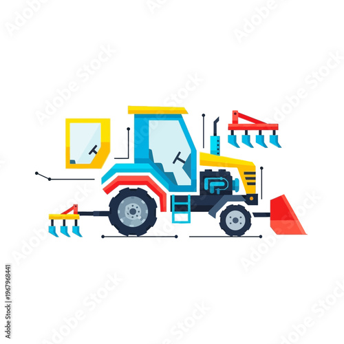 Stylized illustration of a blue and yellow tractor with various farming implements and parts disassembled.