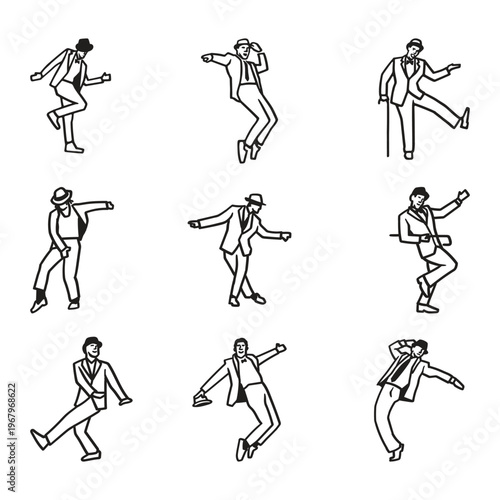 Collection of Line Art Illustrations of a Man Performing Various Dance Moves