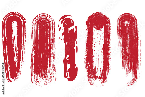 Abstract red brushstrokes a series of five dynamic and textured paint swashes on white background
