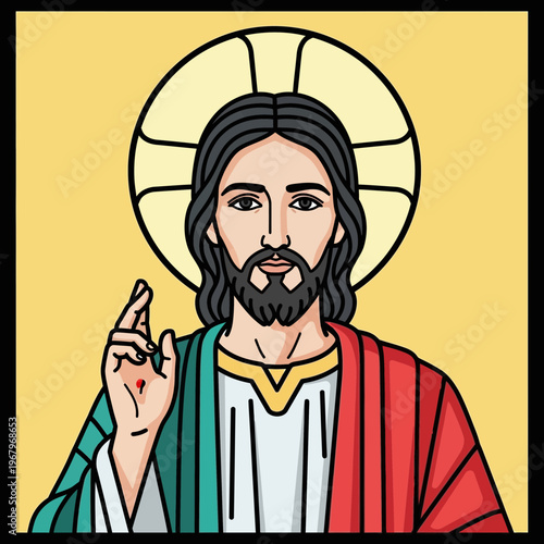 Stylized illustration of Jesus Christ with a halo and a robe in Mexican flag colors, raising his hand in blessing.