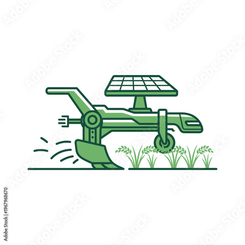 Green futuristic solar-powered agricultural robot tilling soil next to young plants, illustrating sustainable farming technology.