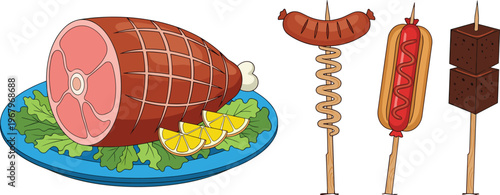 Grilled Meat and Street Food Vector Illustration Set Featuring Ham Roast Sausage Skewers Hot Dog and Barbecue Snacks Isolated on White Background