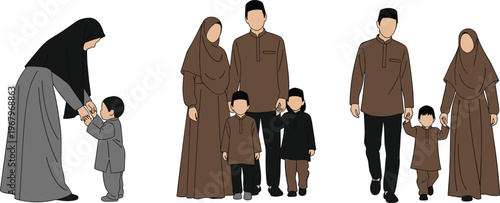 Muslim Family Lifestyle Vector Illustration Set Featuring Parents and Children in Traditional Clothing Walking Together and Showing Love Care and Daily Activities