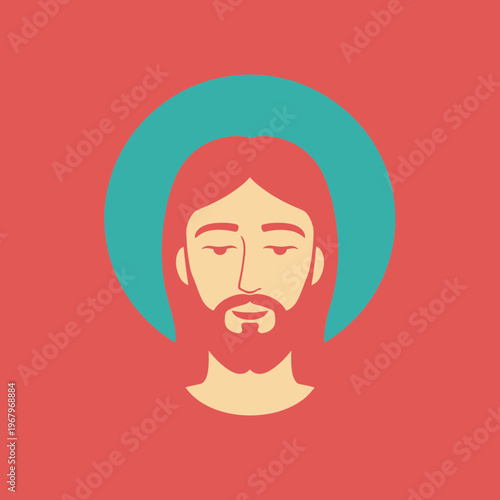 Stylized flat design illustration of a man with a beard, long hair, and a halo, resembling Jesus Christ or a saint.