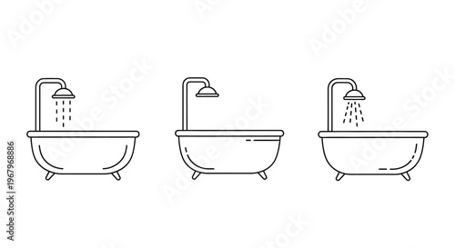 Three stages of a bathtub filling with water illustrated in a linear style