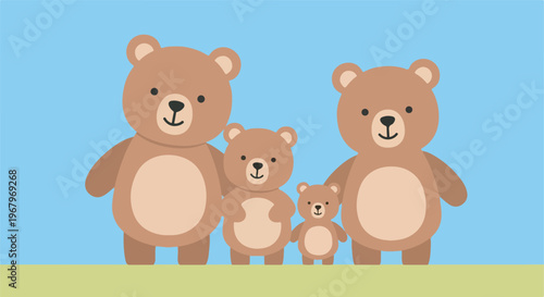 Adorable bear family standing in grassy field under blue sky eps 10