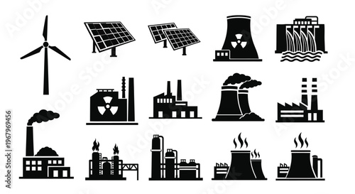 Various power generation facilities depicted in a simple black and white illustration