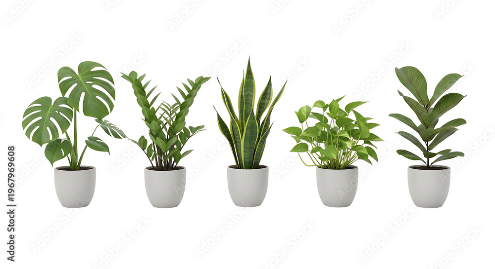Fototapeta premium Five diverse potted houseplants, including monstera, snake plant, and fiddle-leaf fig, arranged in a row against a white background, showcasing indoor greenery.