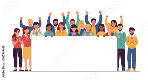 A diverse group of people standing together behind a large blank white board or frame illustration in a flat style with a happy and celebratory mood.