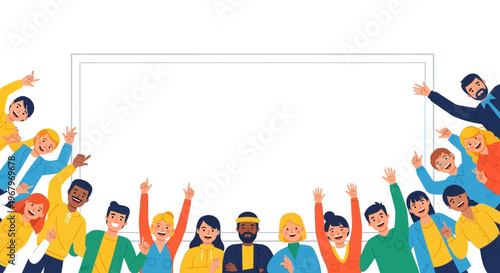 Diverse group of people standing behind a large blank white board in a flat illustration style with a happy and celebratory mood.