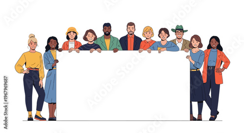 Diverse group of people standing together behind a large blank white board in a flat illustration style with a happy and celebratory mood.