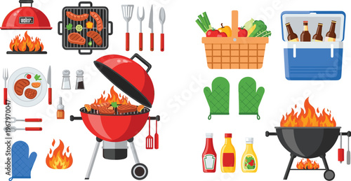 BBQ Grill Party Vector Illustration Set Featuring Barbecue Equipment Food Picnic Basket Cooler Drinks and Cooking Tools for Outdoor Summer Activities