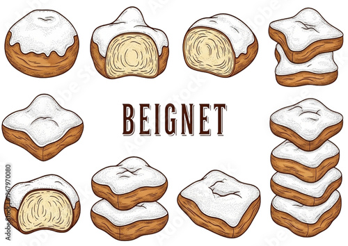 A delightful collection of hand-drawn sweet fried dough pastries, each generously dusted with powdered sugar, ideal for dessert menus