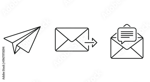 Communication icons depicting a paper airplane evolving into an email with a message
